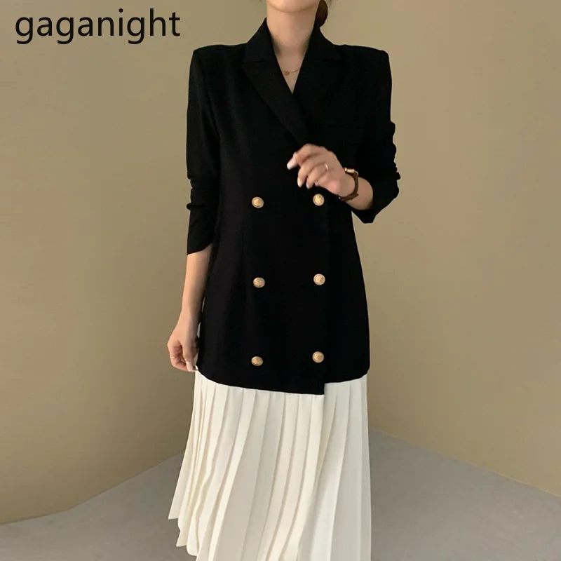 

Gaganight Women Suit Dress 2021 Autumn Winter New Korean Chic Temperament Lapel Double breasted Contrast Stitching Pleated Dress