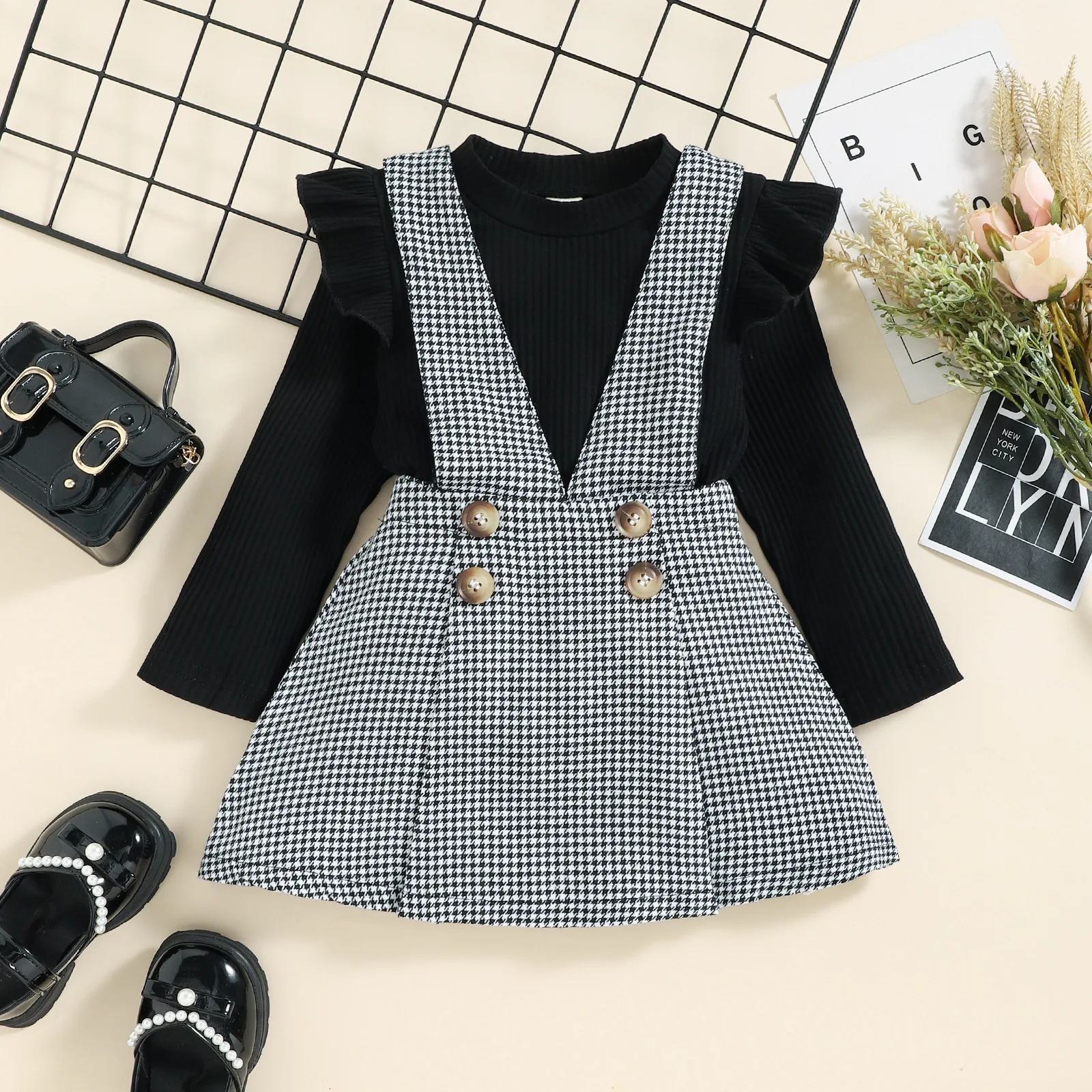 

2 in 1 Toddler Little Kids Baby Girls Dresses Outfits Long Sleeve Ruffle T-Shirt Overalls Strap Dress Clothes Set Plaid Skirt