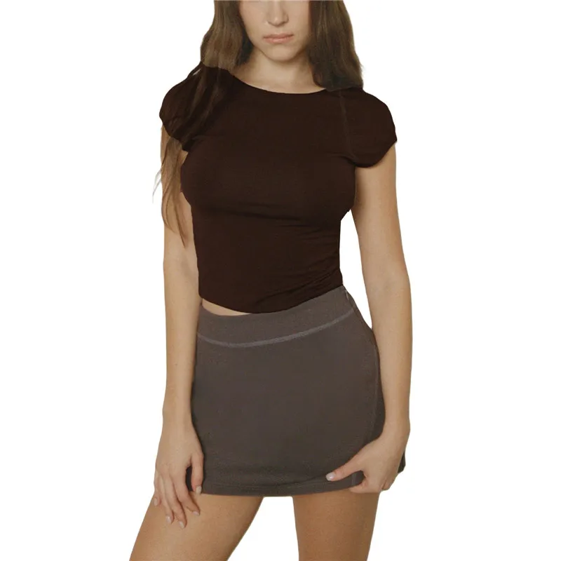 

Женский укороченный топ с открытой спиной, Однотонная футболка с круглым вырезом и коротким рукавом, Повседневная летняя одежда, y2k, жилет, уличная одежда, 2000