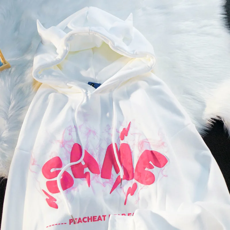 

Harajuku Hiphop High Street Little Devil Hooded Men Women American Retro Winter Loose Plus Velvet Couple Sweatshirt Jacket Tops