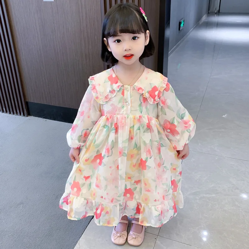 

2022 Summer Kids Dresses For Girls Flower Long Chiffon Dress Casual Fashion Children Dress Baby Girl Clothes 2-6years Vestidos