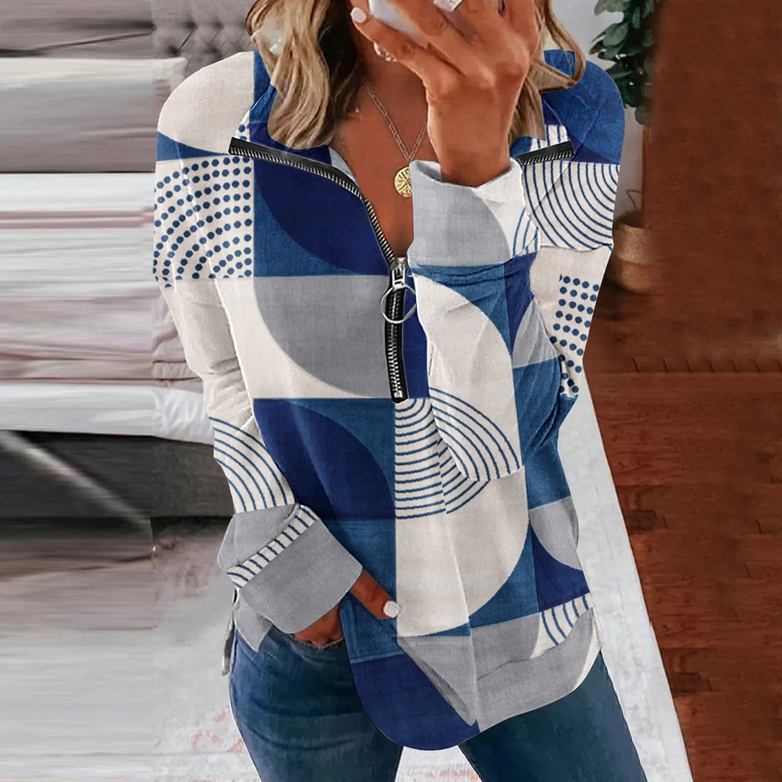 

Plaid Graphic Hoodies For Womens Lapel Zipper Loose Sweatshirt Fashion Print Pullover Korean Style Harajuku Folk Top