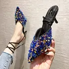 Женские босоножки с блестками, туфли без задника на тонком каблуке с острым носком и ремешком на щиколотке, вечерние туфли, 2022