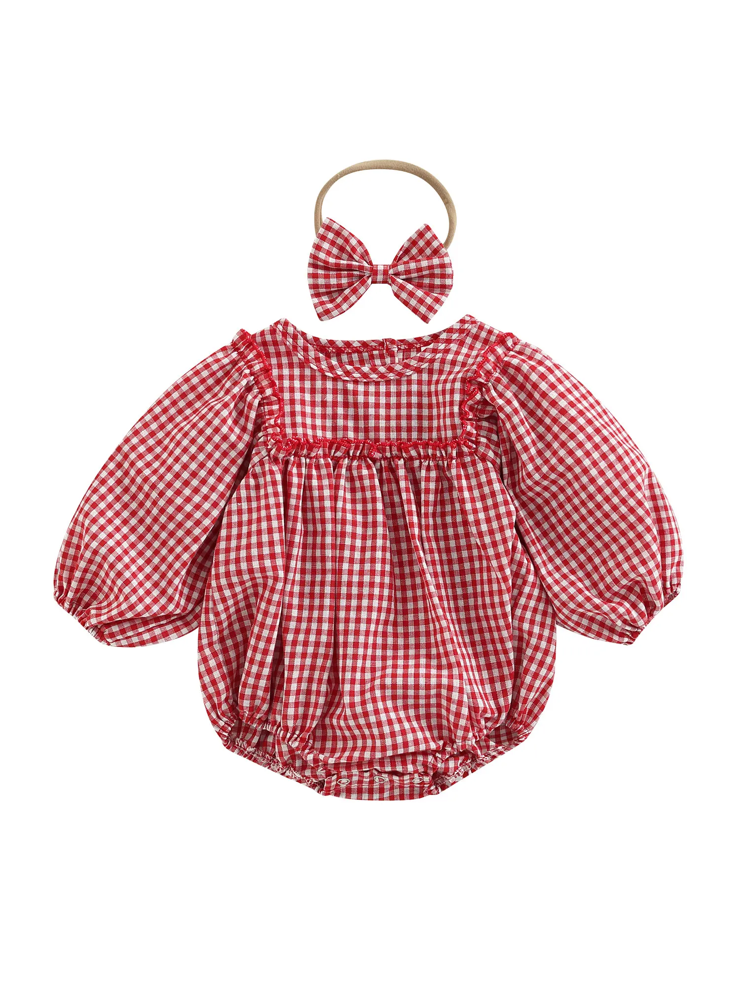 

Infant Baby Girls Romper Plaid Lantern Long Sleeve Jumpsuits Autumn Casual Clothes with Headband