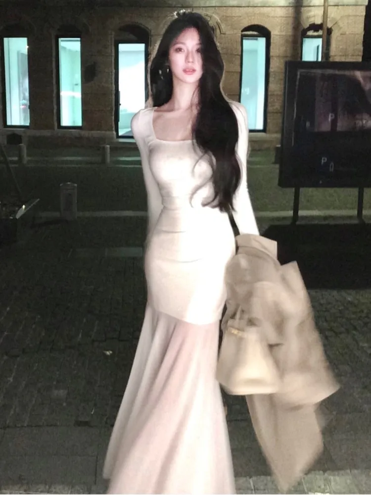 Осенне-зимние облегающие трикотажные платья с квадратным вырезом для женщин