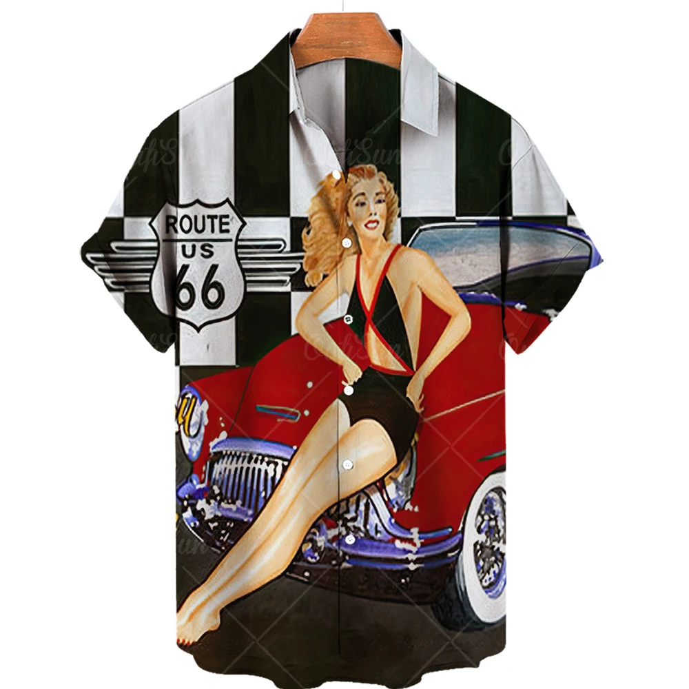 Summer Men's Shirt 3d Motorcycle Girls Route 66 Hawaiian Shirt For Men American Short Sleeve Oversized Tops Shirt Male Clothing