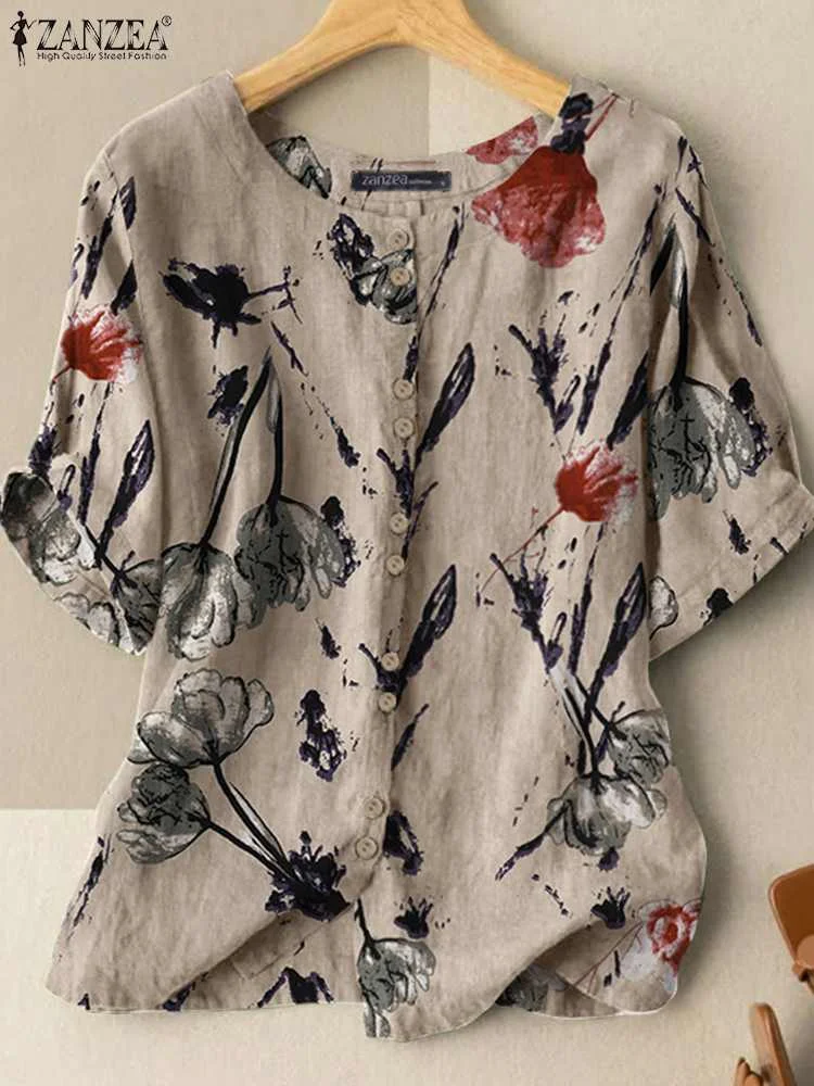 

Women Summer Blouses ZANZEA 2022 Kaftan Printed Tops Casual Short Sleeve Shirts Female O Neck Floral Tunic Chemise Oversized