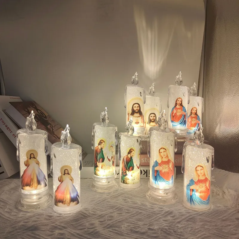 24Pcs LED Jesus Candle Light Electronic Flameless Tealight Church Religious Prayer Devotional Decoration Candles Lamp Lighting