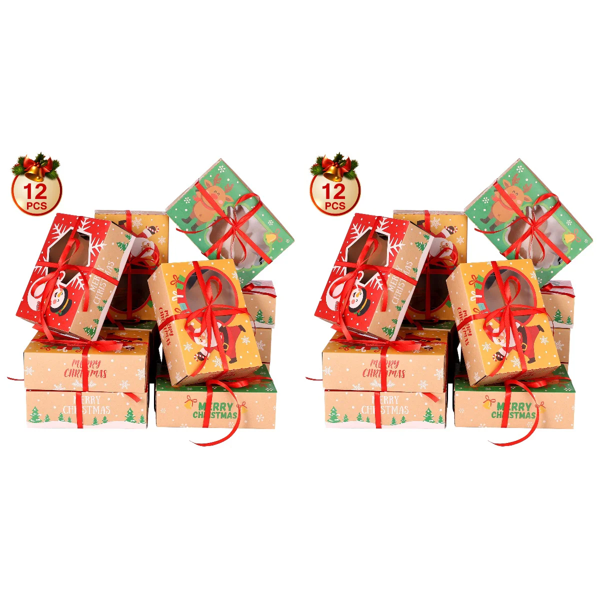 

2pcs PRETYZOOM 12pcs Christmas Cookie Boxes Kraft Paper Boxes with 1 Roll/22m Ribbons Gift Candies Boxes for Christmas Party