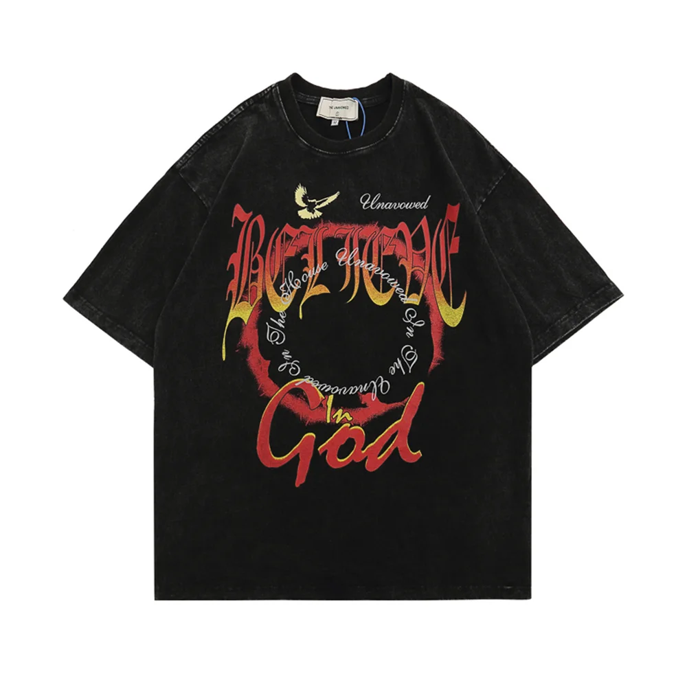 

Men Vintage T-Shirt Harajuku Retro Letter Print Streetwear Distressed Tshirt 2022 Summer Fashion Casual Short Sleeve T Shirt Top
