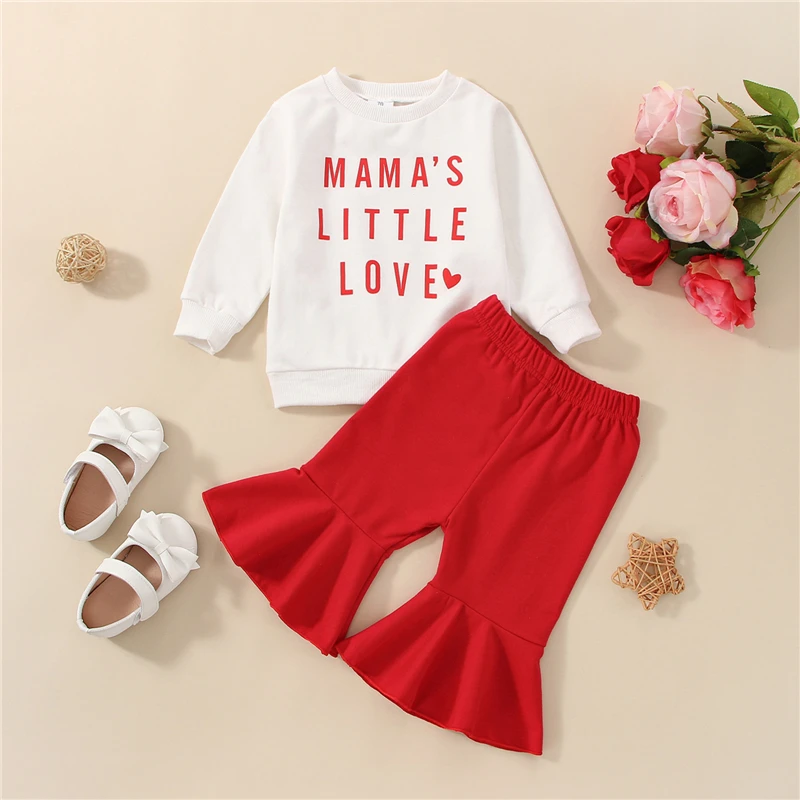 

Valentine's Day Outfits Baby Girls Letter Print Long Sleeve Pullovers Sweatshirt and Casual Flare Pants Clothing Set