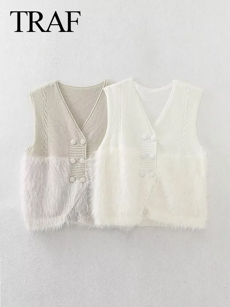 

TRAF Women's Autumn Long Hair Color Contrast Knitted Vest Fashion Double-breasted V-neck Sleeveless Slim-fit Women's Short Top