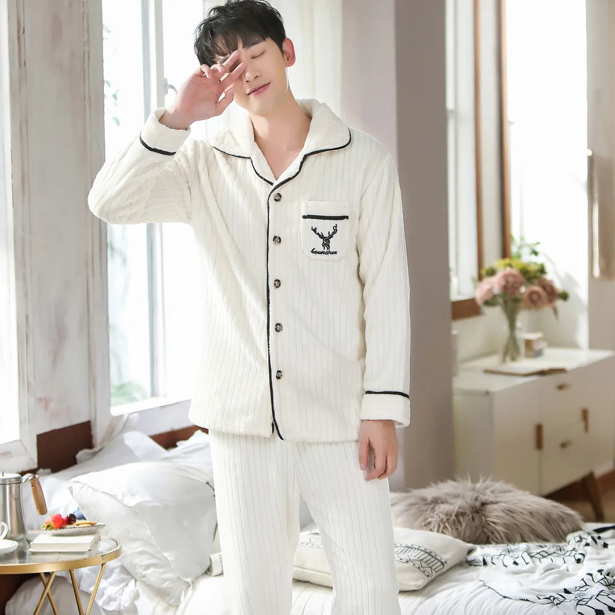 Plus Size 3XL White Nightwear Long Sleeve Winter Thicken Warm Flannel Pajamas Sets Soft Sleepwear Long Pant Male Men Pajamas Set