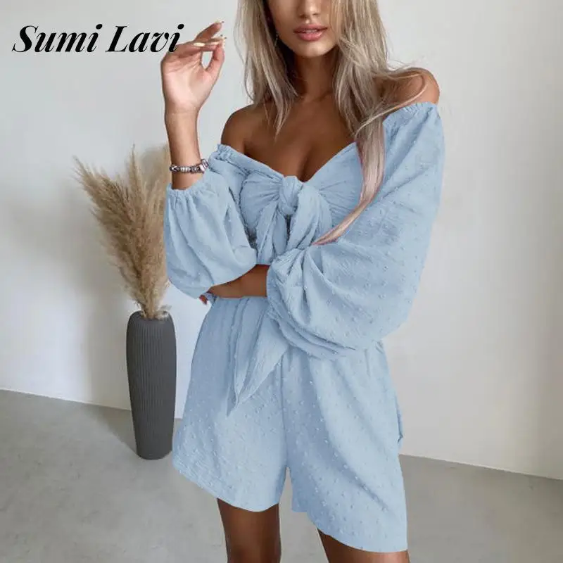 

Fashion Solid Color Dots Pom Poms Elastic Waist Shorts Suit Sexy Deep V Neck Bow Long Sleeve Suit Women Off Shoulder Loose Suits