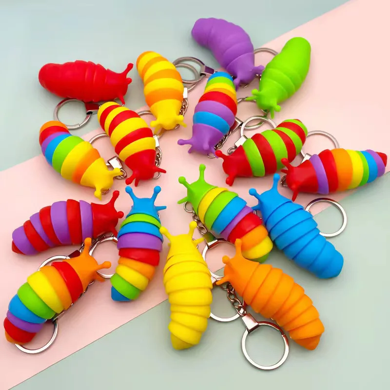 Funny Colorful Slug Snail Key Chain Kawaii Transform Caterpillar Fidget Toys Adult Kids Decompression Venting Toys Bag Keyring