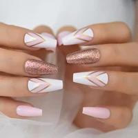medium coffin press on nails with design pink double v pattern glitter fake nails long acrylic false nails kit ballerina tips