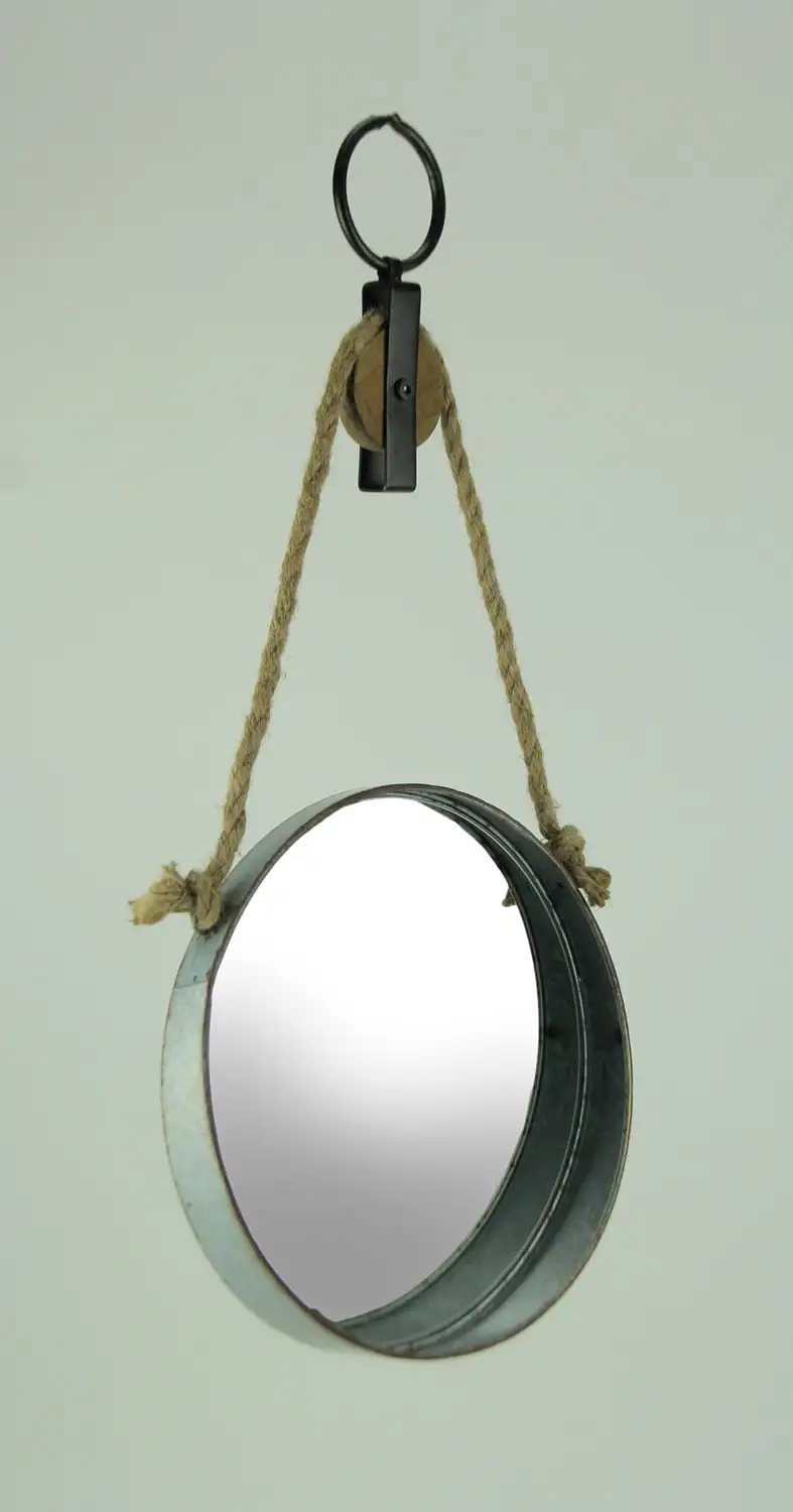 

Round Metal Barrel Ring On Farmhouse Rope Pulley Decorative Wall Mirror