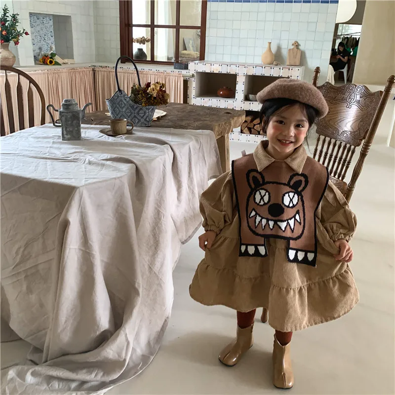 

Little Girls Corduroy Dress 2023 Autumn Children Clothes Sets Fashion Kids Knit Vest And Dresses Outfits Korean Baby Clothing