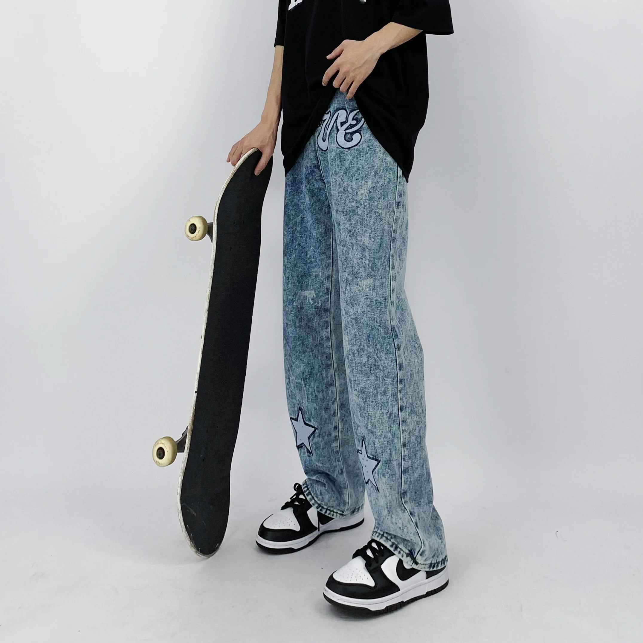 Men's Jeans Ins Snowflake Letter Embroidery Straight Loose Jeans Korean Style Hip Hop Style Jeans Y2k Streetwear Ins Hot Sale