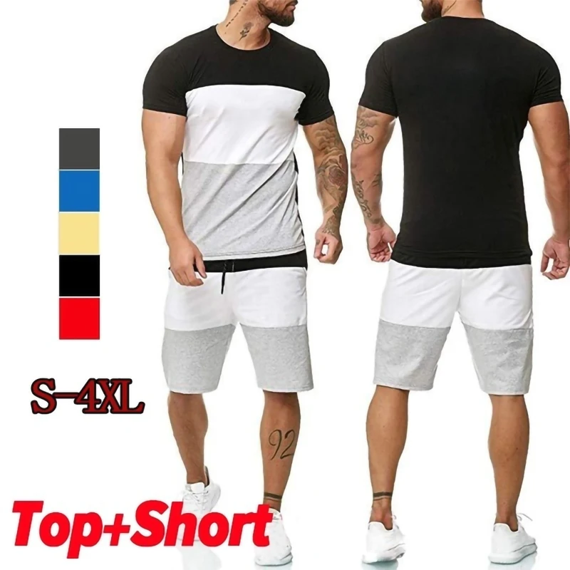 Men's sports shorts suit men's loose sports suit striped sportswear S-4XL