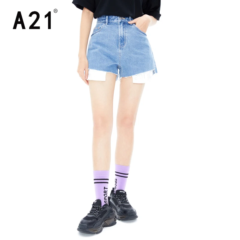 A21 High Waist Blue Denim Shorts for Women 2022 Summer New Casual Cotton Ladies Patchwork Jean Shorts