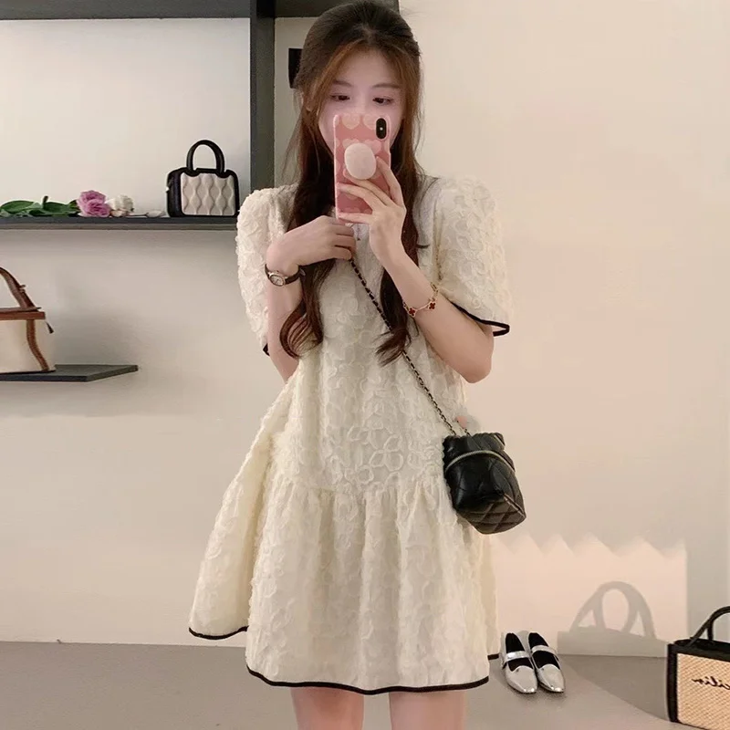 

Summer Contrast Color Round Neck Woman Dress Three-dimensional Lace Jacquard Robe Loose Puff Sleeve Short Vestidos Mujer