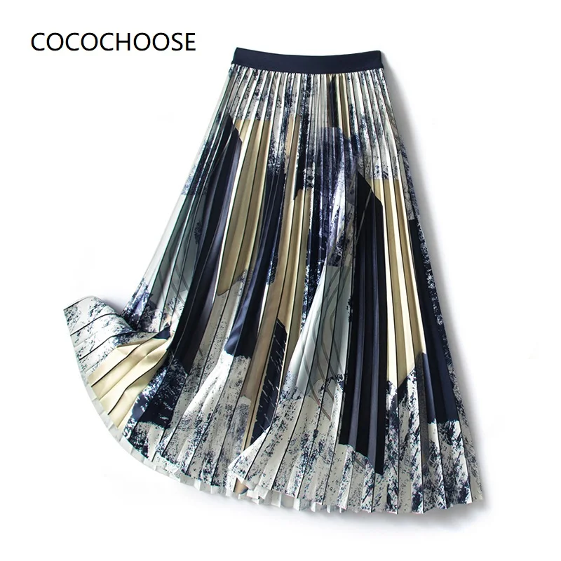 

Fashion Elegant Women Pleated Skirt 2022 Spring Summer New Elastic Waist Striped Geometric Print Casual Long Skirts Green Purple