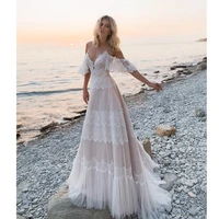 bohemian beach lace a line wedding dresses spaghetti straps tulle applique sweep train boho vestidos de novia bridal gowns