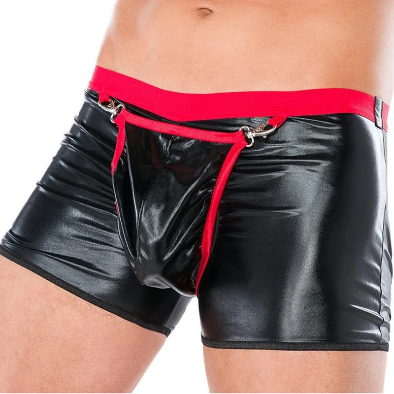 

Sexy Men's Underwear Patent Leather Boxer Shorts Mens Open Butt Underpants Removeable Front Bulge Pouch Boxers Gay PVC WetLook