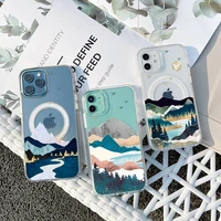 sunrise mountains phone case for iphone 13 12 11 mini pro max transparent super magnetic magsafe cover