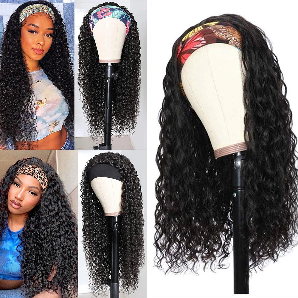 Royal Headband Wig Human Hair Deep Wave Wigs Glueless Machine Made 180% Density None Lace Front Wigs Curly Hair Natural Color
