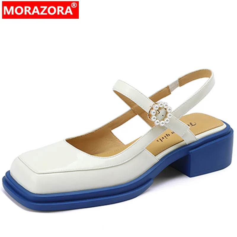 

MORAZORA 2022 New Arrive Slingbacks Square Med Heels Shoes Buckle Patent Leather Women Sandals Ladies Dress Shoes