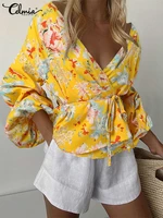 celmia casual bohemian wrap blouses 2022 summer women chemise sexy deep v neck lantern long sleeve party shirt floral print tops