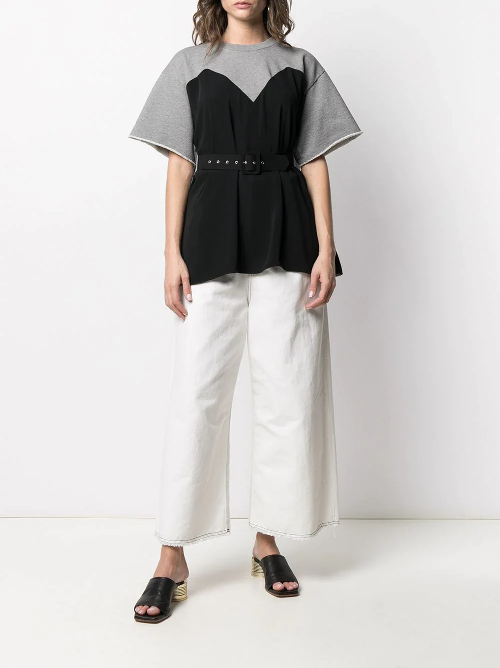 

2021 Trendy 100% Cotton Belted Tops Short Sleeve Loose Casual Pullover Patchwork T-shirt