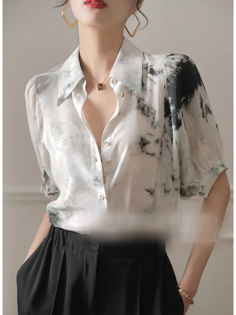 Half Sleeve Print Summer Shirt Women 2022 New Chinese Style Loose Loose Printed Chiffon Shirt Top Women Blusas Mujer