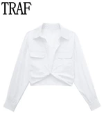 traf white cropped women shirt knot crop top female long sleeve shirts for women pockets collared summer women tops and blouses