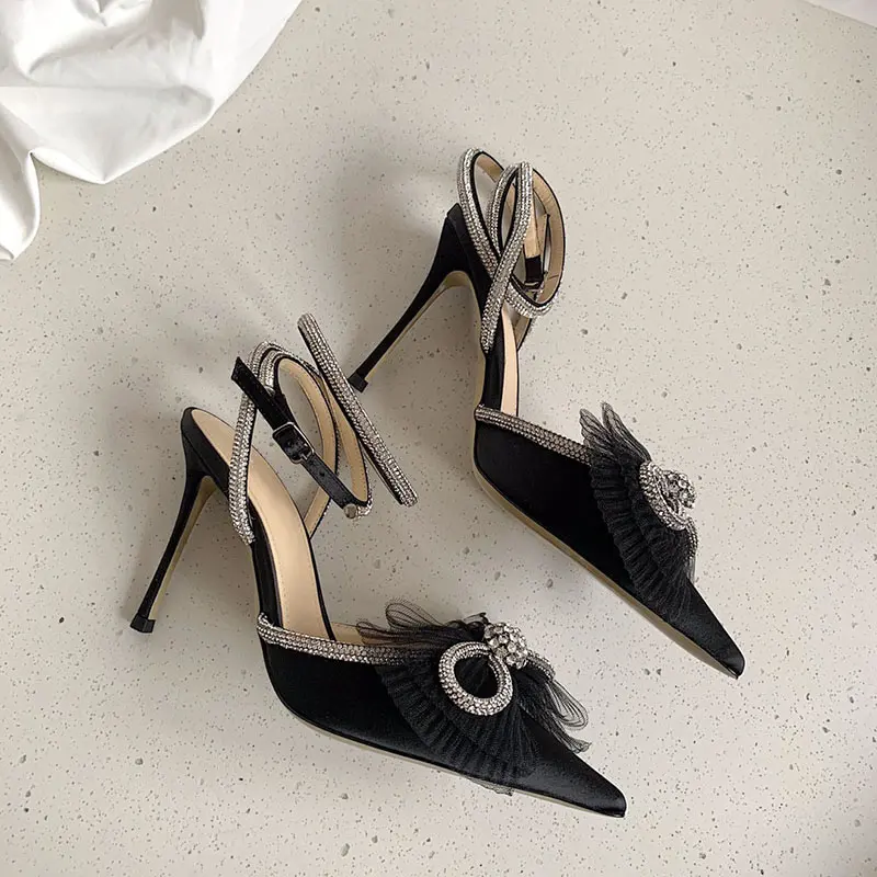 Water Diamond High Heels Women's 2023 New Bow Tie Pointed Thin Heels Wedding Shoes Sandals