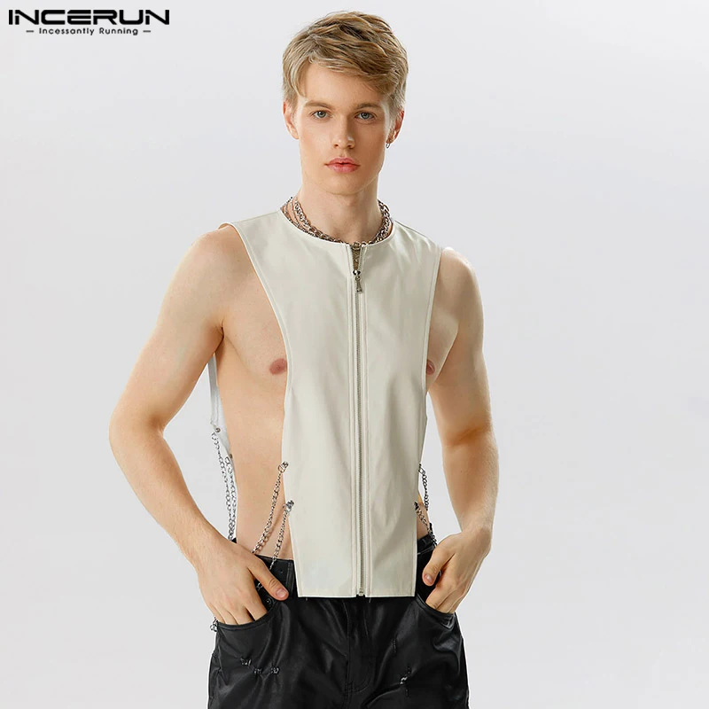 

2023 Men Tank Tops Chain O-neck Zipper Sleeveless Hollow Out Fashion Irregular Vests Streetwear Solid Color Waistcoats INCERUN 7