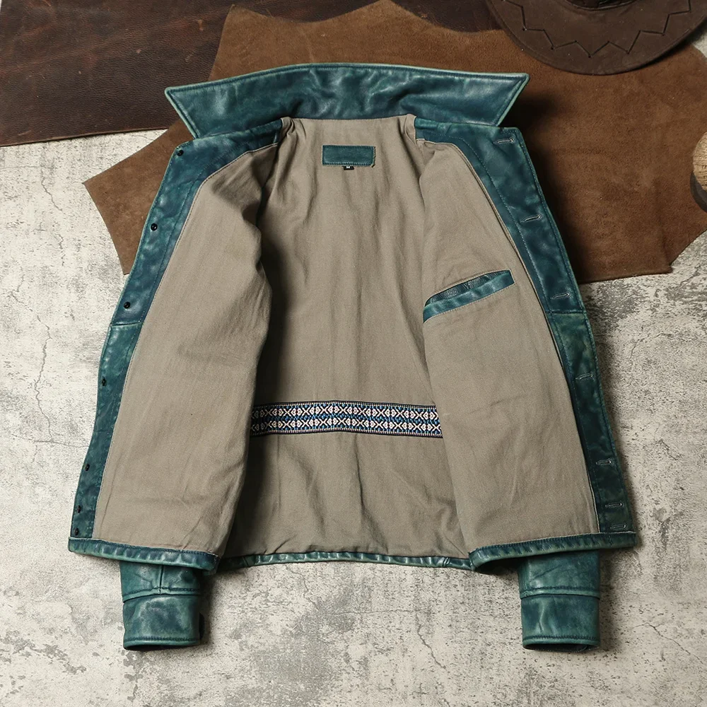 Blunt Razor Sky Blue Retro Distressed Leather Jacket RRL Style Men's Genuine Top Layer Cowhide Amikaki