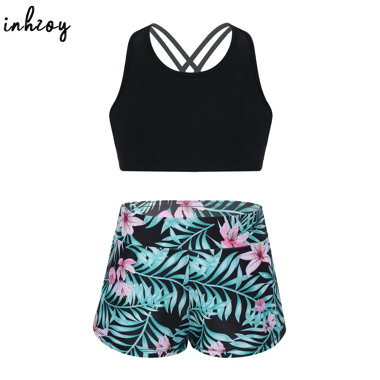 Kids Girls 2 Piece Tankini Swimsuit Hawaiian Beach Bathing Suit Crop Top and Printed Shorts Summer Swimwear Tracksuit Sportswear