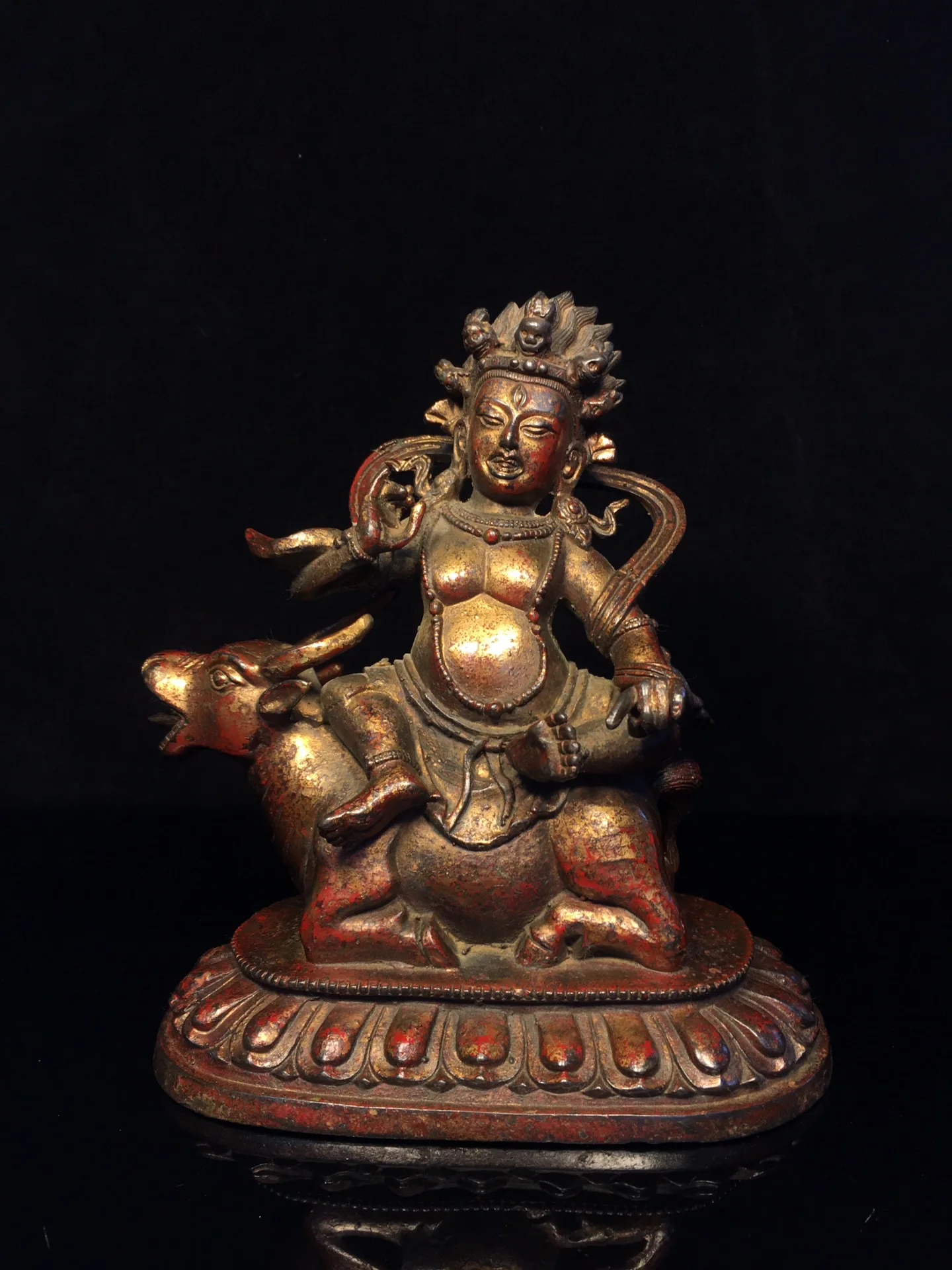 

8"Tibet Temple Collection Old Bronze Gilding Cinnabar black Jambhala Tibetan god of wealth Worship Hall Town house Exorcism