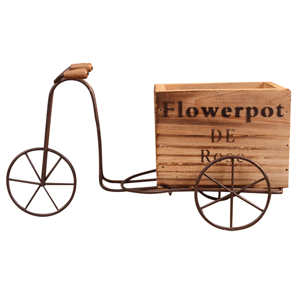 

1 Set Of Wooden Flower Pot Planter Pot Stand Rustic Style Flower Pot Desktop Decoration Iron Tricycle Stand