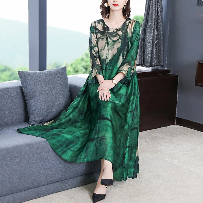 

2023 Loose Casual Green Print chic Beach Maxi Dress Spring Summer Vintage Midi Evening Dress Elegant Women Bodycon Party Robe