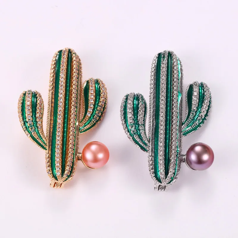 

Freshwater Pearl Brooch for Woman Unique Delicate Jewelry Copper-Plated Gold Inlaid Zircon Cactus Painted Brooch Pearl Pin