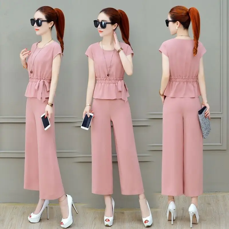 

Black Plus Size 2 Piece Sets Womens Outfits Cotton Short Sleeve O-neck Tops + Wide Leg Pants Summer Casual Two Piece Set J437