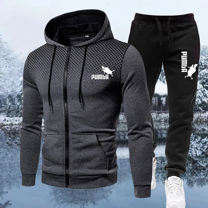 2023 Autumn Winter Men New Brand Sports Printed Hoodie Sets Male Luxury Fleece Zip Casual Designer Sportswear Suits