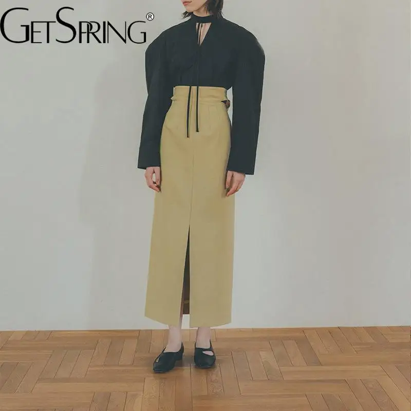 

GetSpring Women Skirt 2022 Summer Temperament Autumn High Waist Slim Side Split Hip Wrap Bow Tie Long Skirts Vintage All Match