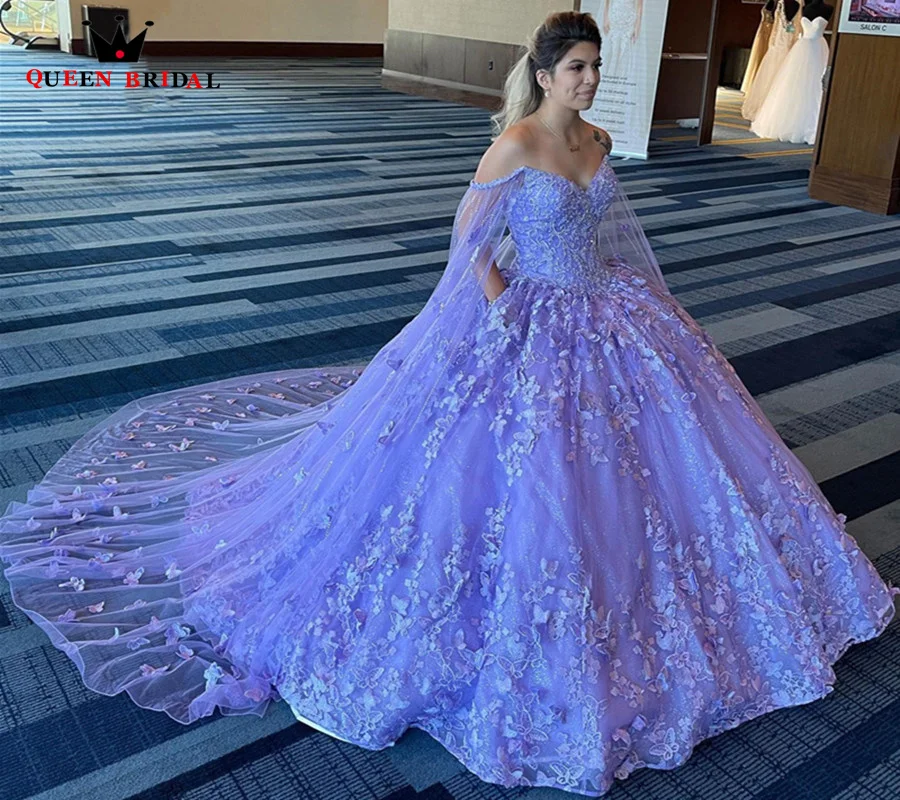 

Sexy V-Neck Purple Quinceanera Dress Beads 2023 Bows Lace Up Princess Off Shoulder Backless Party Gown Lace Appliques Ball Gown