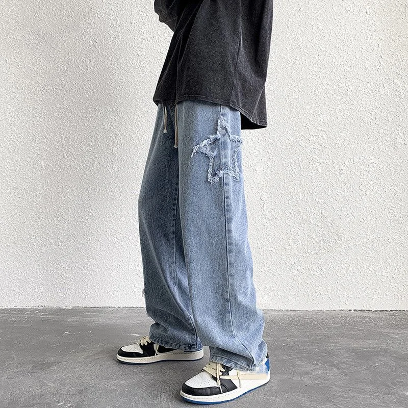 Elastic Waist Men Jeans Ins Fashion Embroidery Denim Trousers Plus Size Baggy Wide Pants Casual Bottoms Vintage Y2K Male Clothes