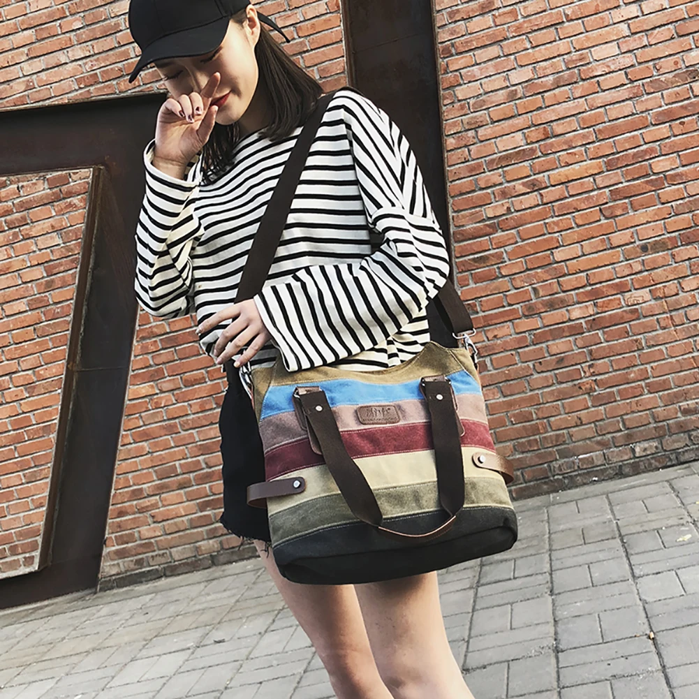 

Полосатая Повседневная Сумка-тоут через плечо, холщовая Женская вместительная цветная дорожная сумка-мессенджер для покупок, ранец